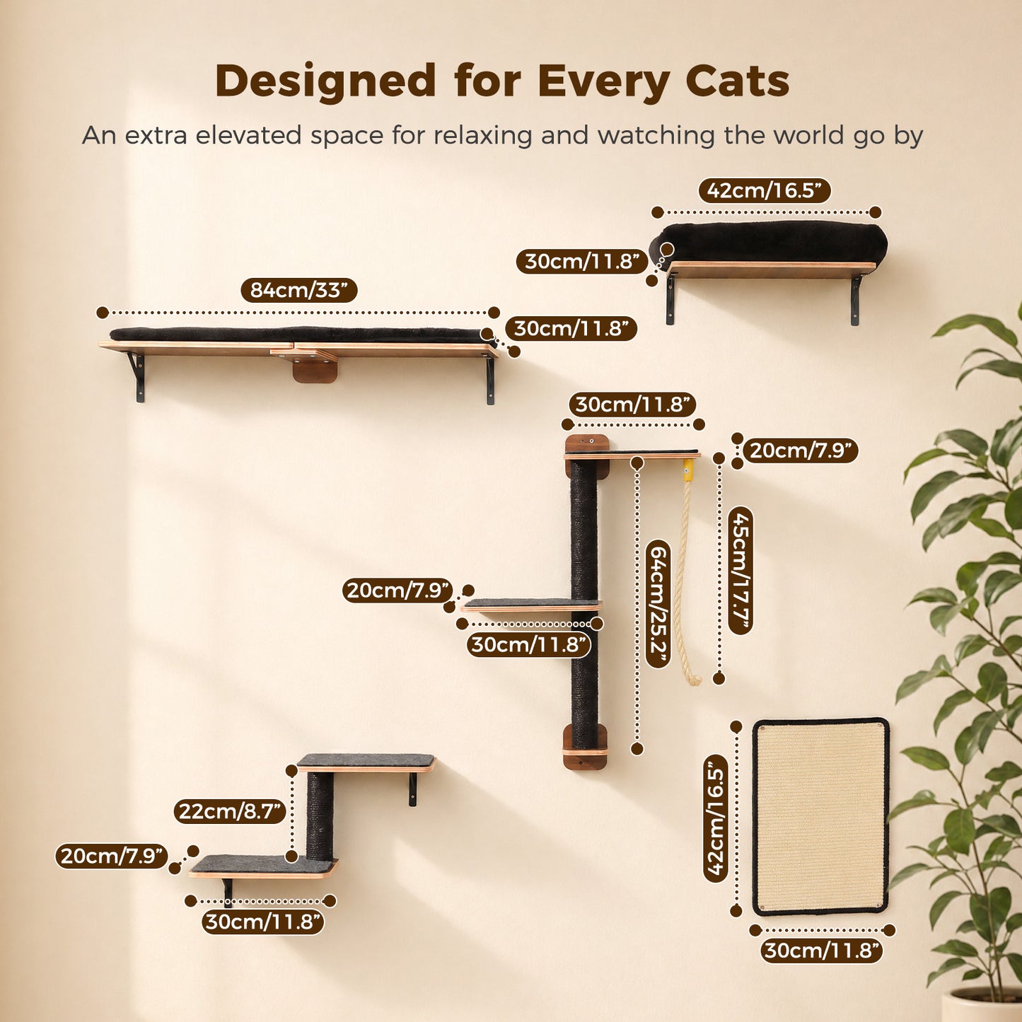 PAWZ Road Cat Wall Shelves, Wooden Cat Wall Mounted with Scratching Posts, 5-in-1 Modern Climbing Set with Scratcher Pads & 4 Steps Climbing Rops for Indoor Cats, Black
