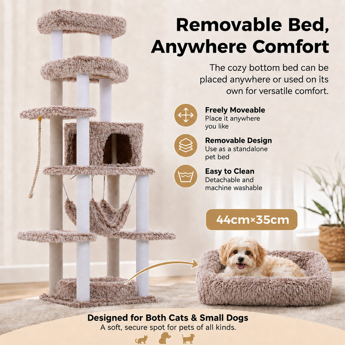 PAWZ Road 185cm Tall Cat Tree, Multi-Level Cat Tower for Large Indoor Cats Soft Long Plush Material, 2 Large Perches, Sisal-Covered Scratching Post, Hanging Hammock, Private Condo, Removable Bed, Brown