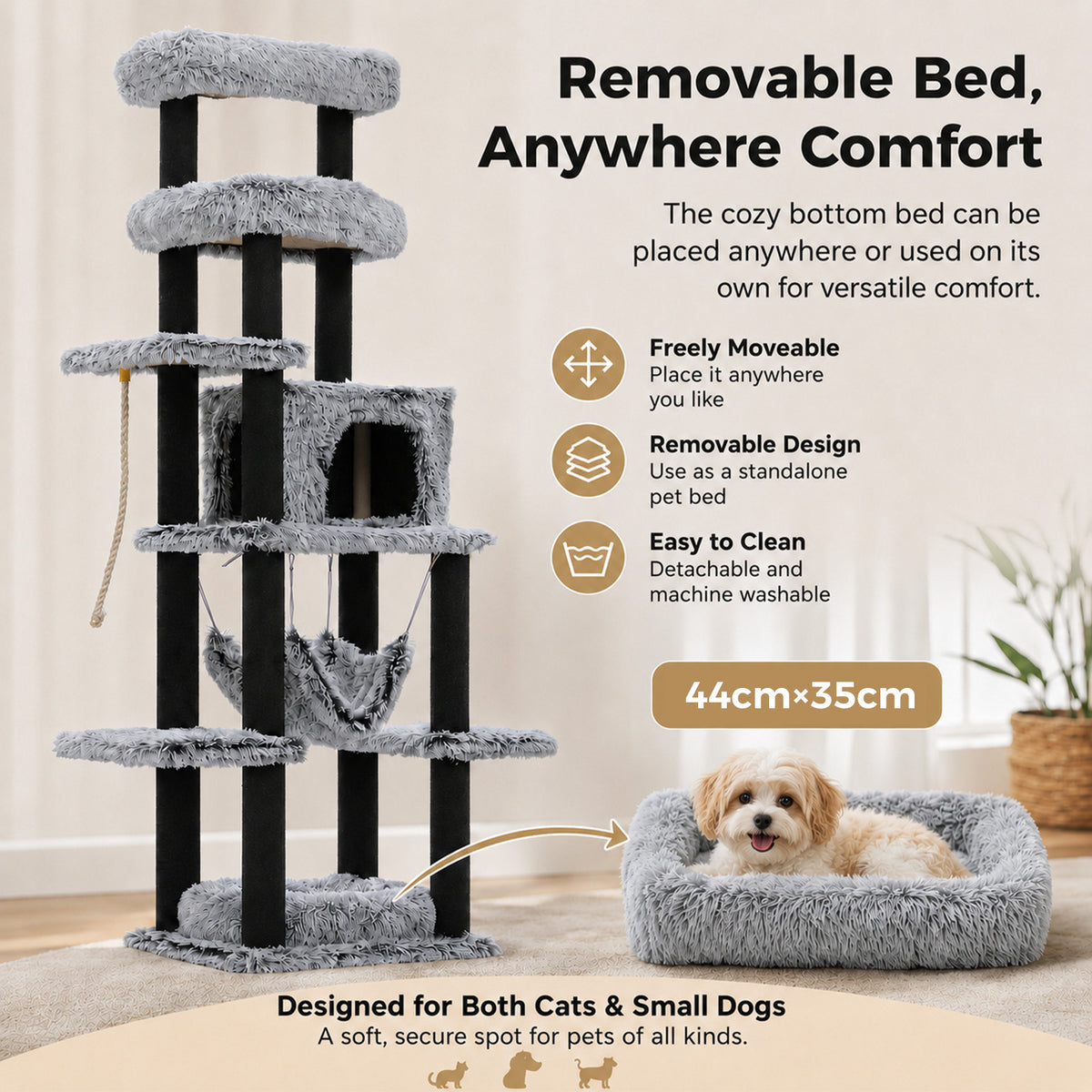 PAWZ Road 185cm Tall Cat Tree, Multi-Level Cat Tower for Large Indoor Cats Soft Long Plush Material, 2 Large Perches, Sisal-Covered Scratching Post, Hanging Hammock, Private Condo, Removable Bed, Grey