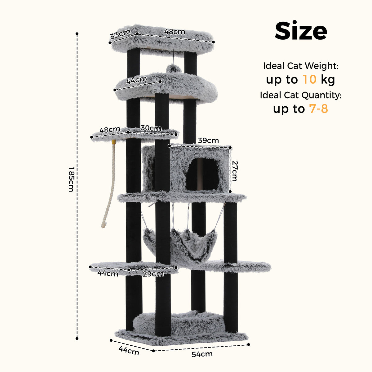 PAWZ Road 185cm Tall Cat Tree, Multi-Level Cat Tower for Large Indoor Cats Soft Long Plush Material, 2 Large Perches, Sisal-Covered Scratching Post, Hanging Hammock, Private Condo, Removable Bed, Grey