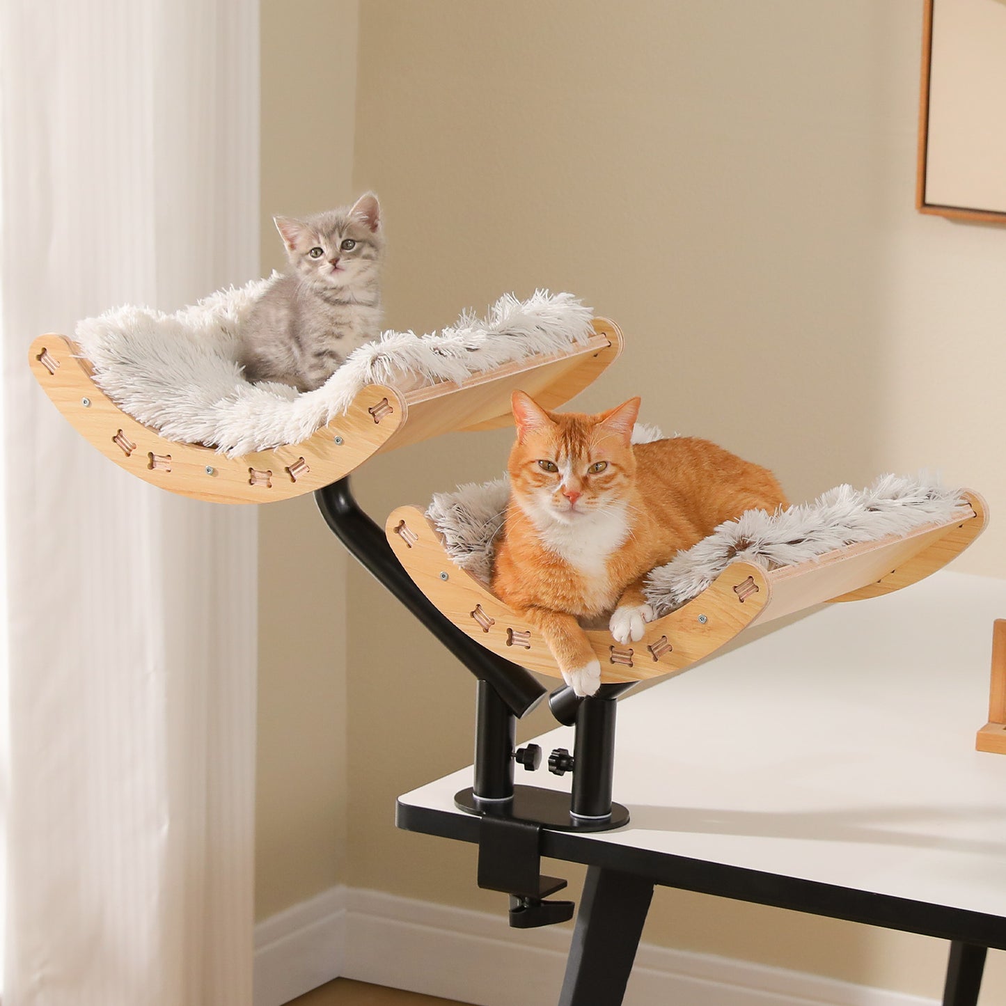 PAWZ Road Cat Desk Bed for Indoor Cats, 2 Wooden Cat Beds for Desk Supports Up to 50 lbs, 360° Rotation & Adjustable Soft Plush Hammock for Multi Kittens Household, Beige, Black