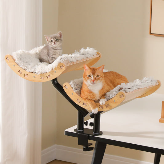 PAWZ Road Cat Desk Bed for Indoor Cats, 2 Wooden Cat Beds for Desk Supports Up to 50 lbs, 360° Rotation & Adjustable Soft Plush Hammock for Multi Kittens Household, Beige, Black