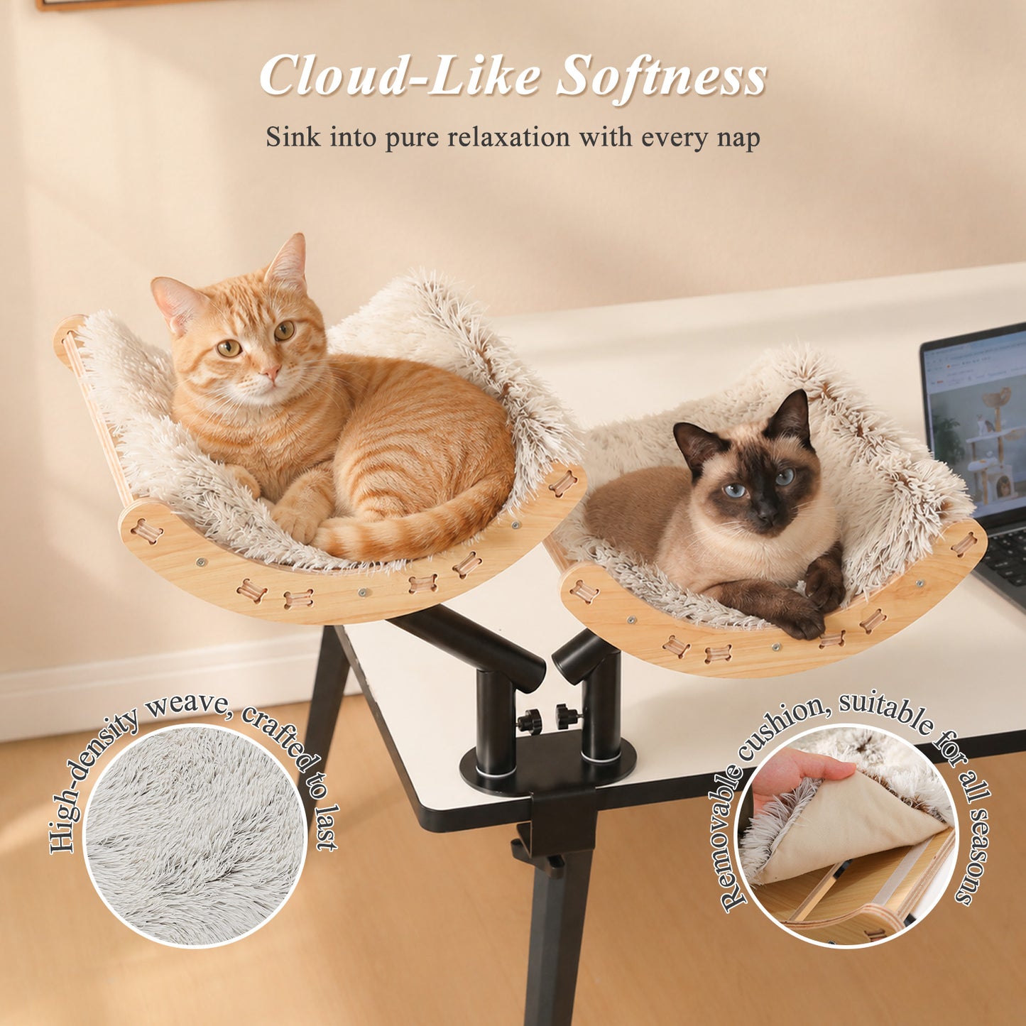 PAWZ Road Cat Desk Bed for Indoor Cats, 2 Wooden Cat Beds for Desk Supports Up to 50 lbs, 360° Rotation & Adjustable Soft Plush Hammock for Multi Kittens Household, Beige, Black