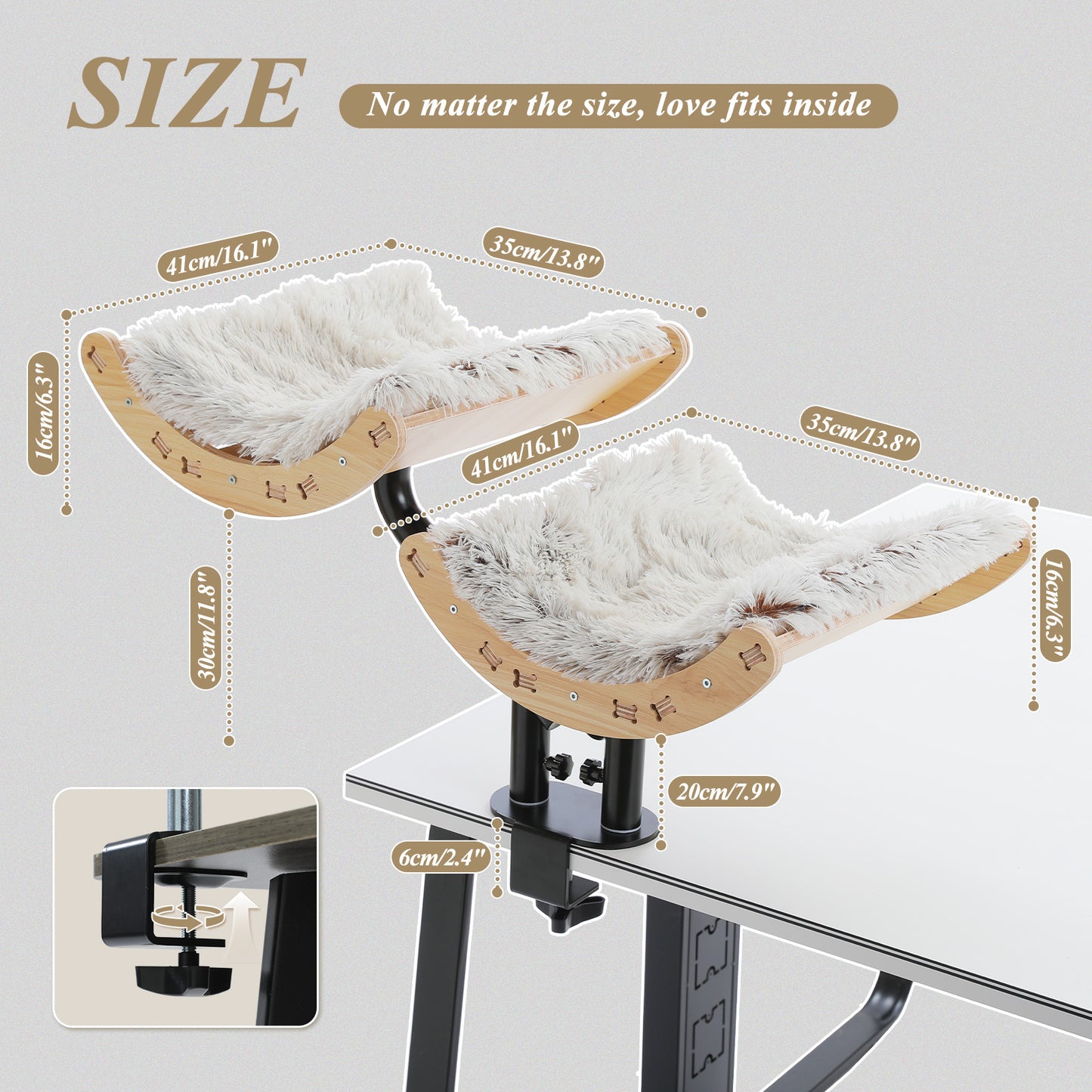 PAWZ Road Cat Desk Bed for Indoor Cats, 2 Wooden Cat Beds for Desk Supports Up to 50 lbs, 360° Rotation & Adjustable Soft Plush Hammock for Multi Kittens Household, Beige, Black