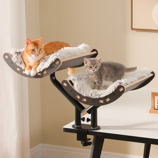 PAWZ Road Cat Desk Bed for Indoor Cats, 2 Wooden Cat Beds for Desk Supports Up to 50 lbs, 360° Rotation & Adjustable Soft Plush Hammock for Multi Kittens Household, Beige, Black
