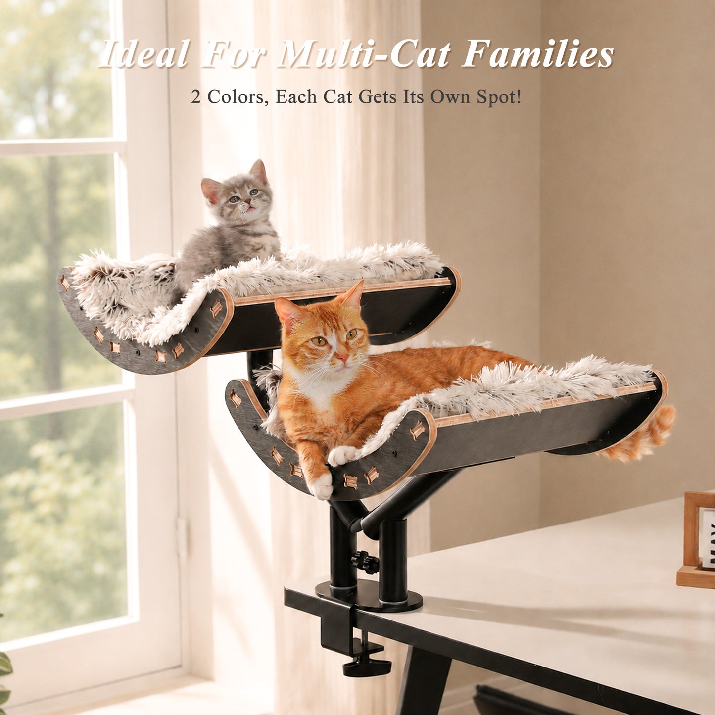 PAWZ Road Cat Desk Bed for Indoor Cats, 2 Wooden Cat Beds for Desk Supports Up to 50 lbs, 360° Rotation & Adjustable Soft Plush Hammock for Multi Kittens Household, Beige, Black