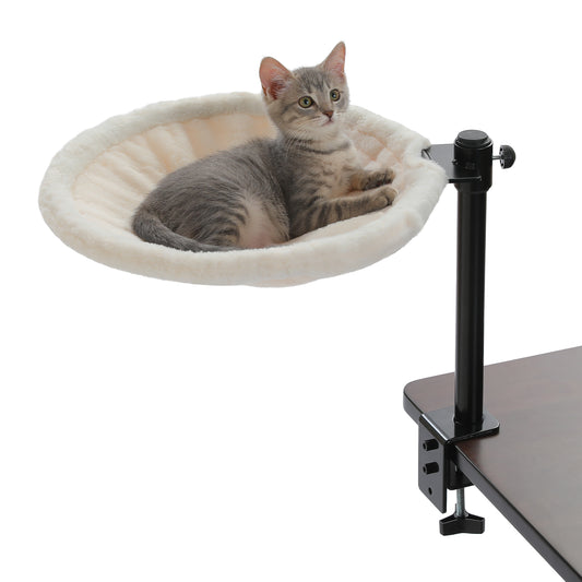 PAWZ Road Cat Desk Bed for Indoor Cats, Round Cat Bed for Desk Supports Up to 50 lbs, 360° Rotation & Adjustable Soft Plush Hammock for Table, Beige/ Grey