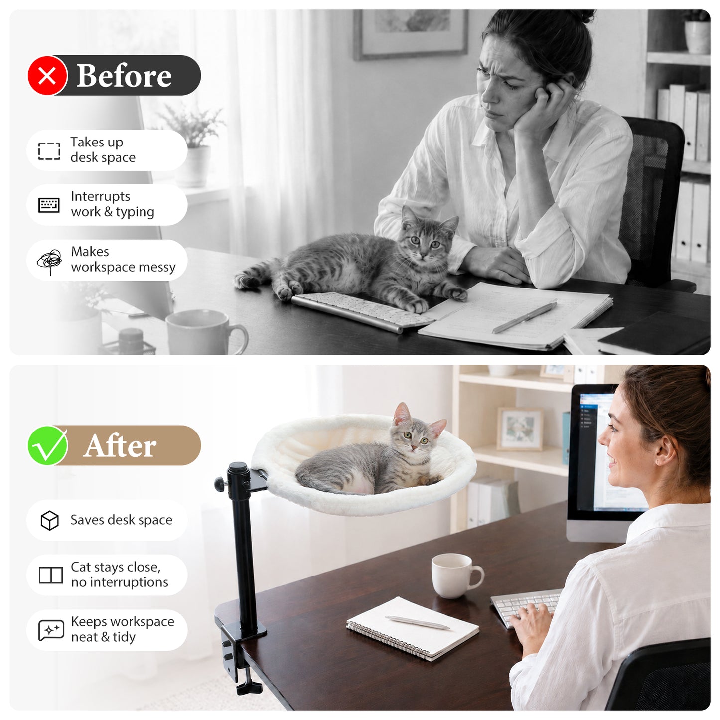 PAWZ Road Cat Desk Bed for Indoor Cats, Round Cat Bed for Desk Supports Up to 50 lbs, 360° Rotation & Adjustable Soft Plush Hammock for Table, Beige/ Grey