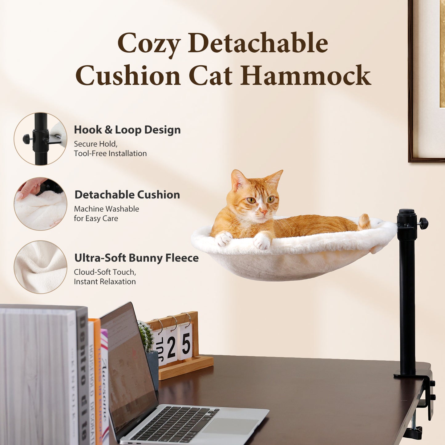 PAWZ Road Cat Desk Bed for Indoor Cats, Round Cat Bed for Desk Supports Up to 50 lbs, 360° Rotation & Adjustable Soft Plush Hammock for Table, Beige/ Grey