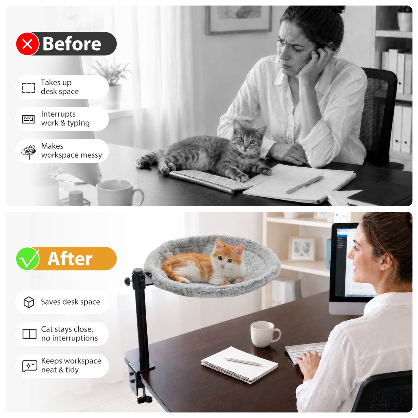 PAWZ Road Cat Desk Bed for Indoor Cats, Round Cat Bed for Desk Supports Up to 50 lbs, 360° Rotation & Adjustable Soft Plush Hammock for Table, Beige/ Grey