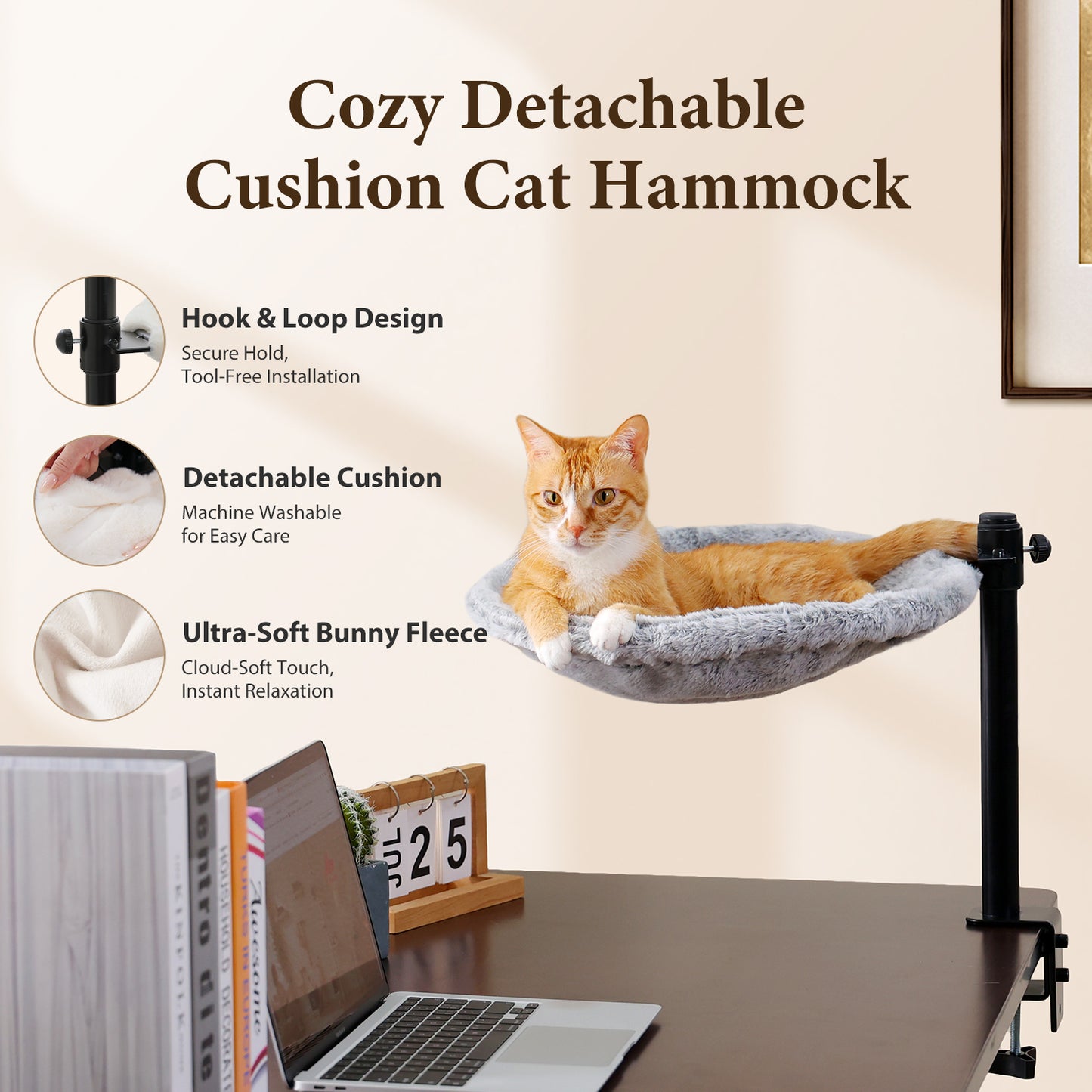 PAWZ Road Cat Desk Bed for Indoor Cats, Round Cat Bed for Desk Supports Up to 50 lbs, 360° Rotation & Adjustable Soft Plush Hammock for Table, Beige/ Grey