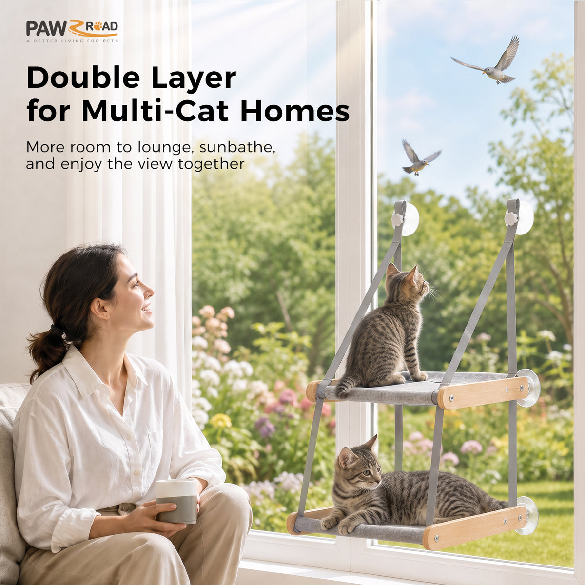 PAWZ Road Cat Window Perch for Large Cats, Wooden Cat Window Hammock, Grey, Sturdy Suction Cups, Double Layer Detachable & Machine Washable Design, Holds Up to 18kg, for Large Cats & Multiple Kittens