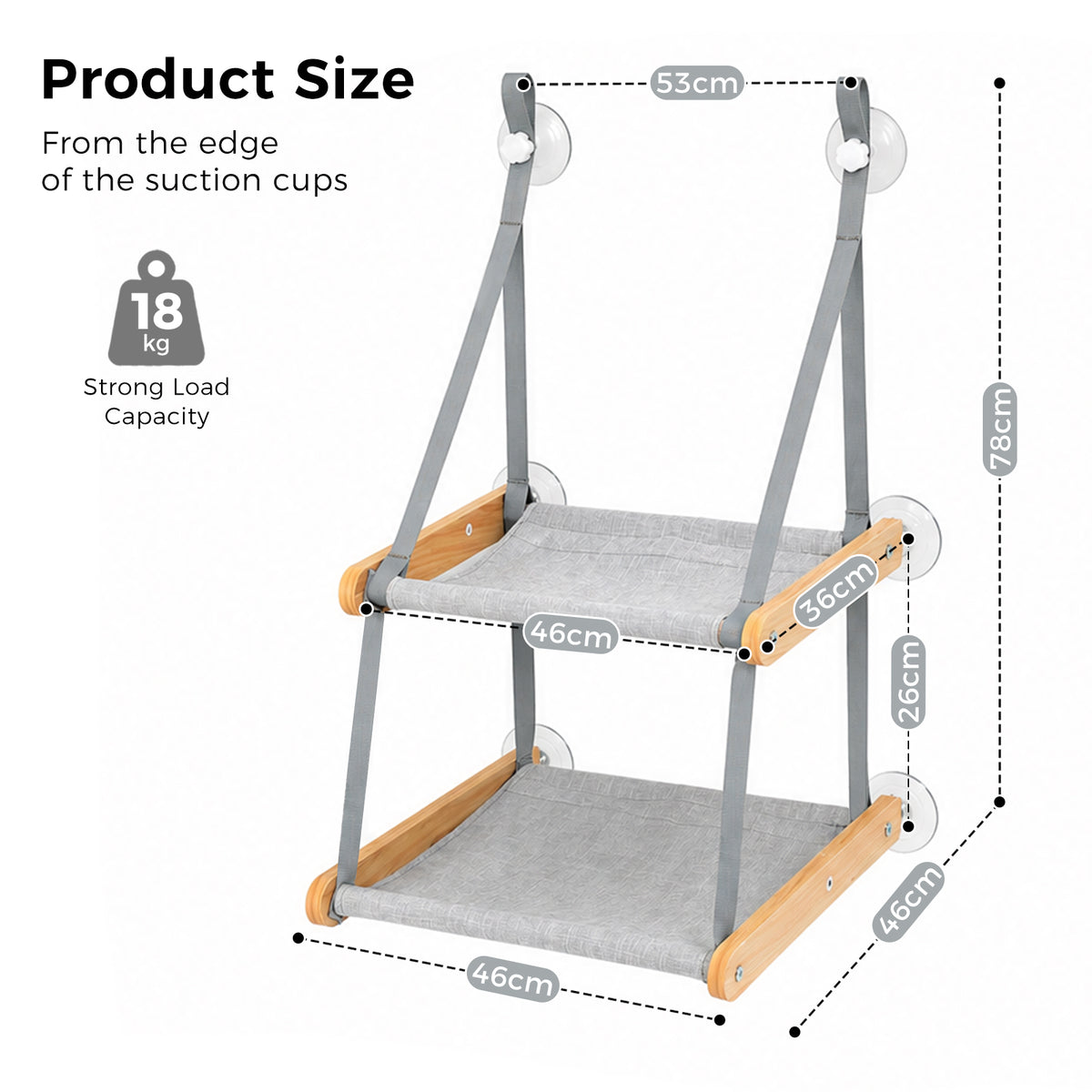PAWZ Road Cat Window Perch for Large Cats, Wooden Cat Window Hammock, Grey, Sturdy Suction Cups, Double Layer Detachable & Machine Washable Design, Holds Up to 18kg, for Large Cats & Multiple Kittens