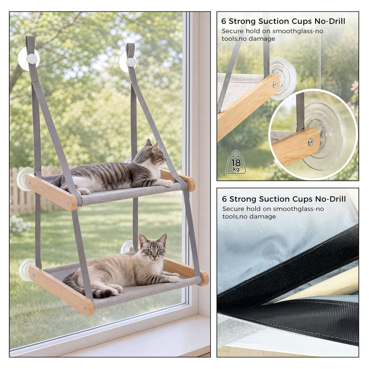 PAWZ Road Cat Window Perch for Large Cats, Wooden Cat Window Hammock, Grey, Sturdy Suction Cups, Double Layer Detachable & Machine Washable Design, Holds Up to 18kg, for Large Cats & Multiple Kittens