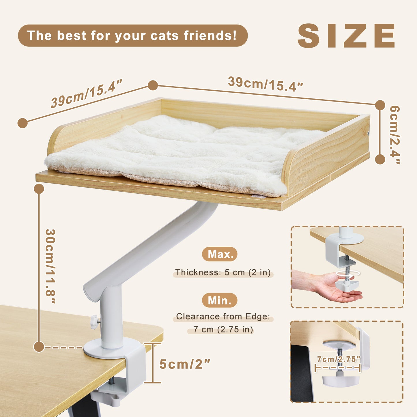 PAWZ Road Cat Desk Bed 360°Rotating Supports to  22 kg Cozy Nest for Desk | Wooden Desk Mount Cat Bed with Sturdy Clamp – Fits Desks & Tables, Padded Soft Nest for Cats, Holds Up to 22 kg