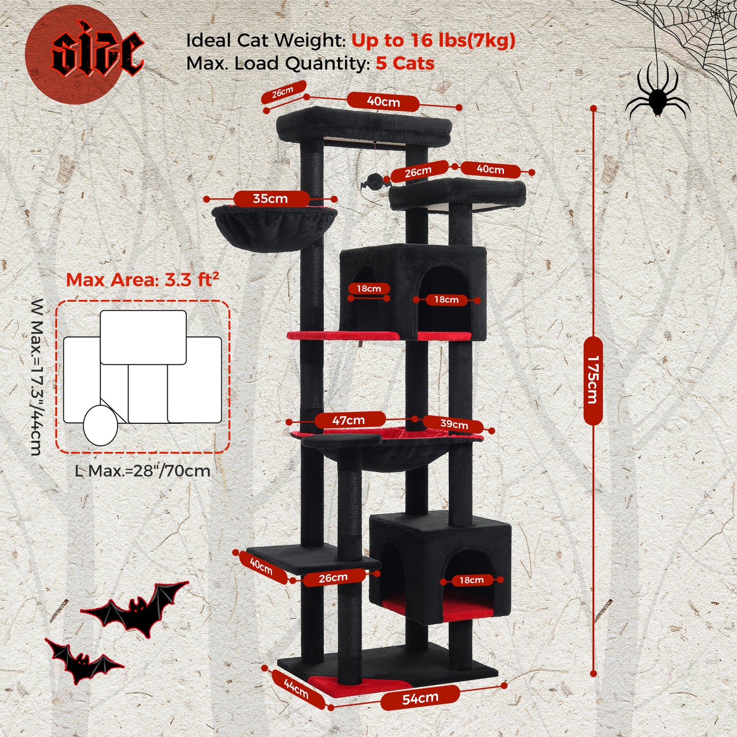 PAWZ Road 175cm Gothic Cat Tree Tower Scratching Post Scratcher Condo House Furniture Black