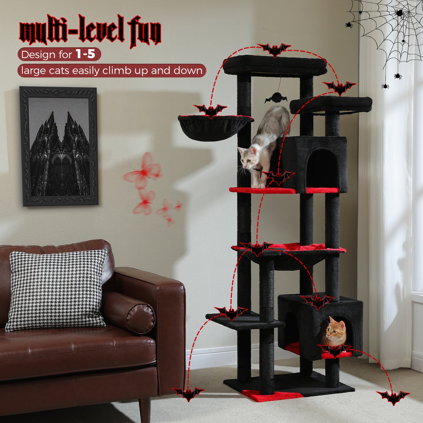PAWZ Road 175cm Gothic Cat Tree Tower Scratching Post Scratcher Condo House Furniture Black
