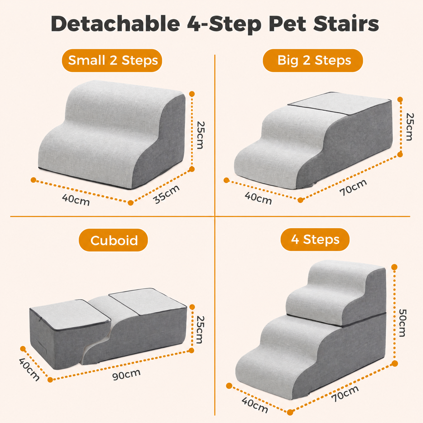 PAWZ Road Dog Stair for Small Dog and Cat, 4-Steps Pet Ramp for Bed & Couch, 50cm Heigh, Anti-Slip Bottom, 30D Foam-Filled, Separable Design, Machine Washable Cover, Pets Friendly, Grey