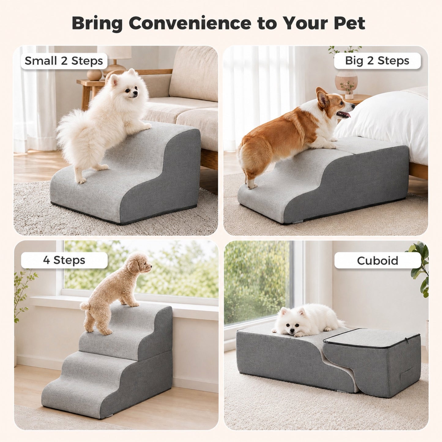 PAWZ Road Dog Stair for Small Dog and Cat, 4-Steps Pet Ramp for Bed & Couch, 50cm Heigh, Anti-Slip Bottom, 30D Foam-Filled, Separable Design, Machine Washable Cover, Pets Friendly, Grey