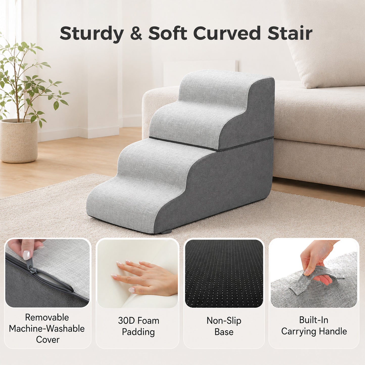 PAWZ Road Dog Stair for Small Dog and Cat, 4-Steps Pet Ramp for Bed & Couch, 50cm Heigh, Anti-Slip Bottom, 30D Foam-Filled, Separable Design, Machine Washable Cover, Pets Friendly, Grey
