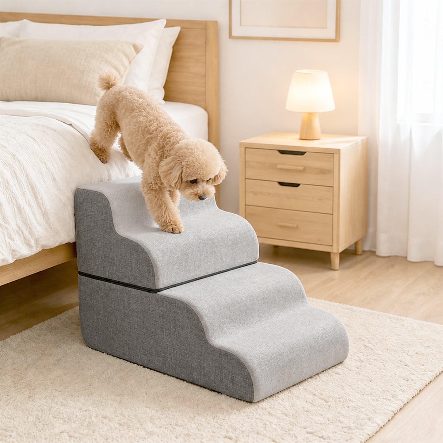 PAWZ Road Dog Stair for Small Dog and Cat, 4-Steps Pet Ramp for Bed & Couch, 50cm Heigh, Anti-Slip Bottom, 30D Foam-Filled, Separable Design, Machine Washable Cover, Pets Friendly, Grey