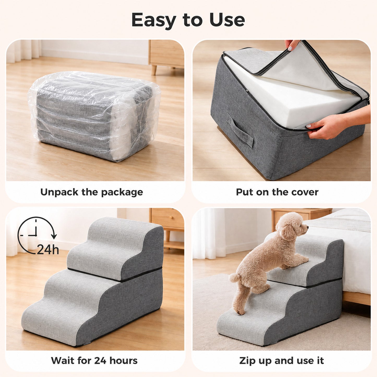 PAWZ Road Dog Stair for Small Dog and Cat, 4-Steps Pet Ramp for Bed & Couch, 50cm Heigh, Anti-Slip Bottom, 30D Foam-Filled, Separable Design, Machine Washable Cover, Pets Friendly, Grey