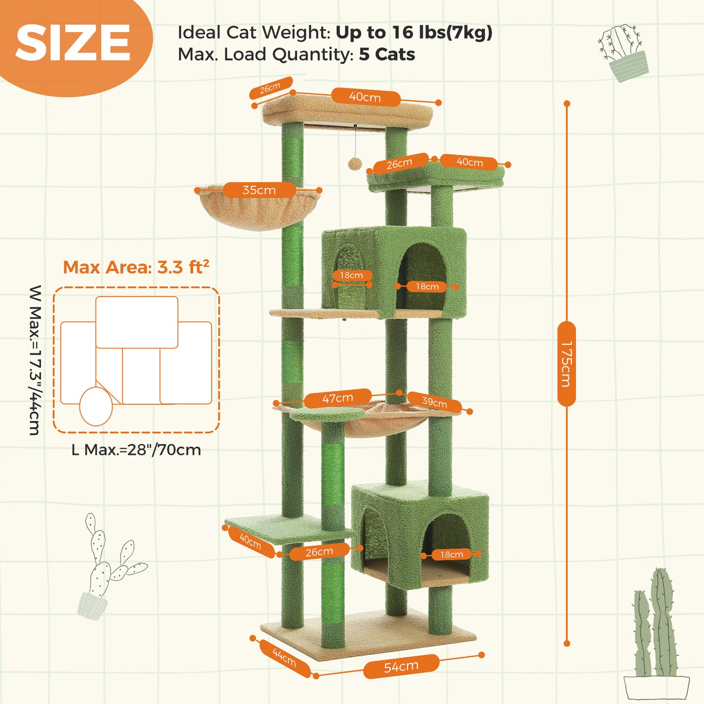 PAWZ Road 175cm Cat Tree Tower Scratching Post Scratcher Condo House Furniture Green