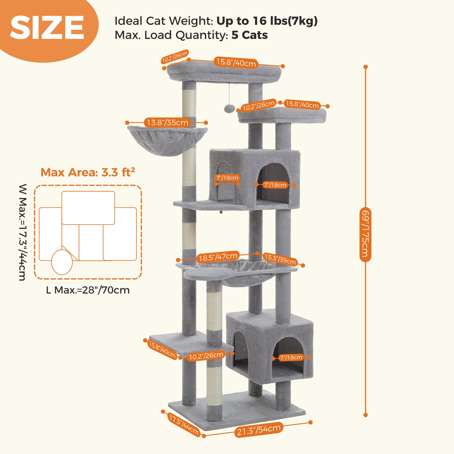 PAWZ Road 175cm Cat Tree Tower Scratching Post Scratcher Condo House Furniture Grey