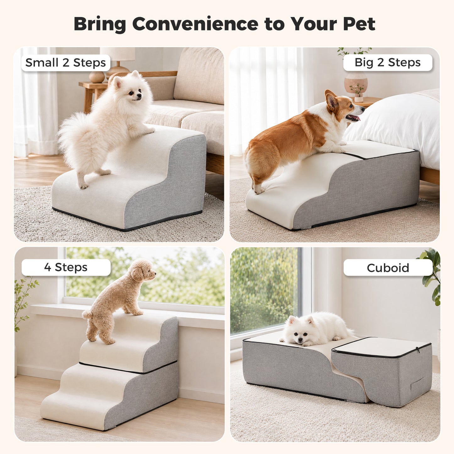 PAWZ Road Dog Stair for Small Dog and Cat, 4-Steps Pet Ramp for Bed & Couch, 50cm Heigh, Anti-Slip Bottom, 30D Foam-Filled, Separable Design, Machine Washable Cover, Pets Friendly, Dark Grey