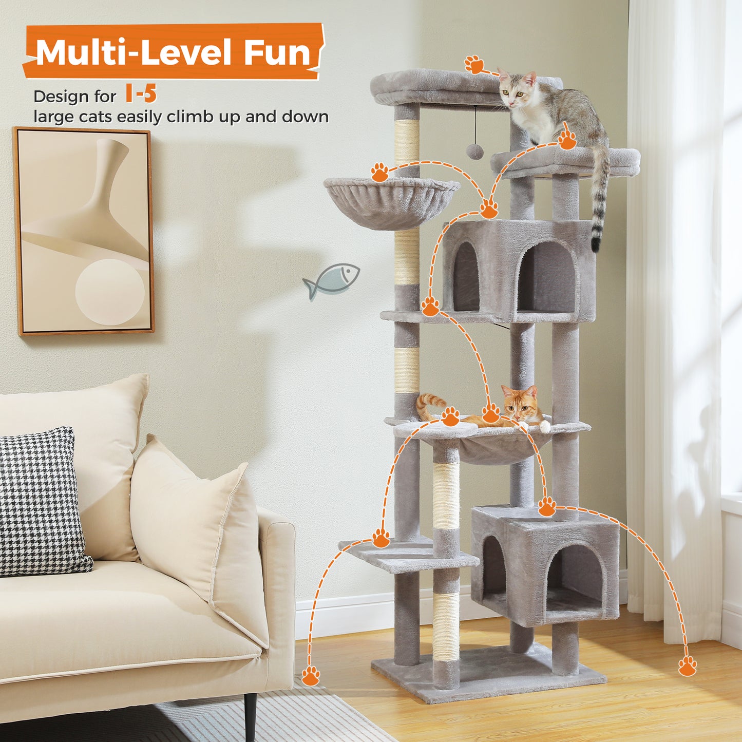 PAWZ Road 175cm Cat Tree Tower Scratching Post Scratcher Condo House Furniture Grey