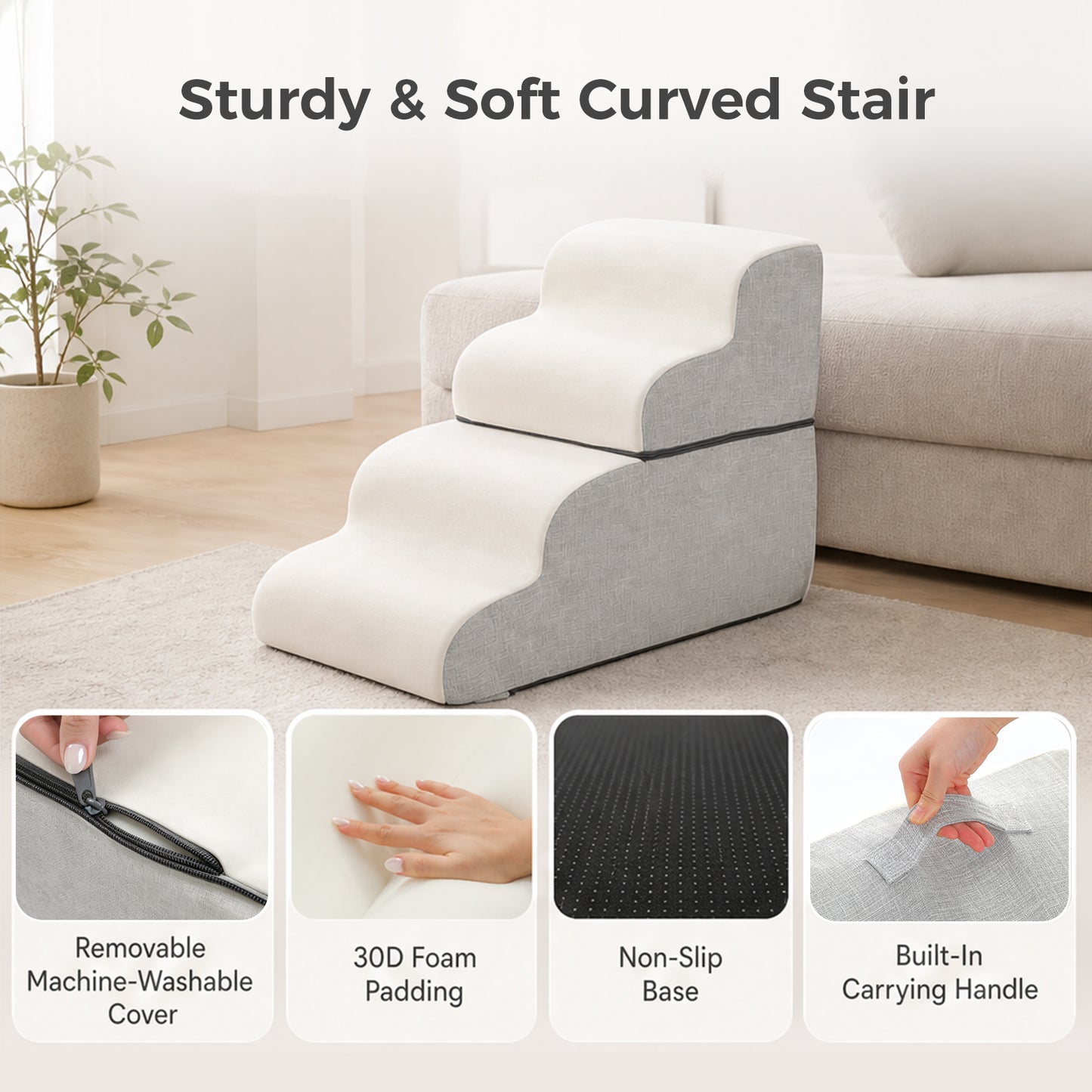 PAWZ Road Dog Stair for Small Dog and Cat, 4-Steps Pet Ramp for Bed & Couch, 50cm Heigh, Anti-Slip Bottom, 30D Foam-Filled, Separable Design, Machine Washable Cover, Pets Friendly, Dark Grey