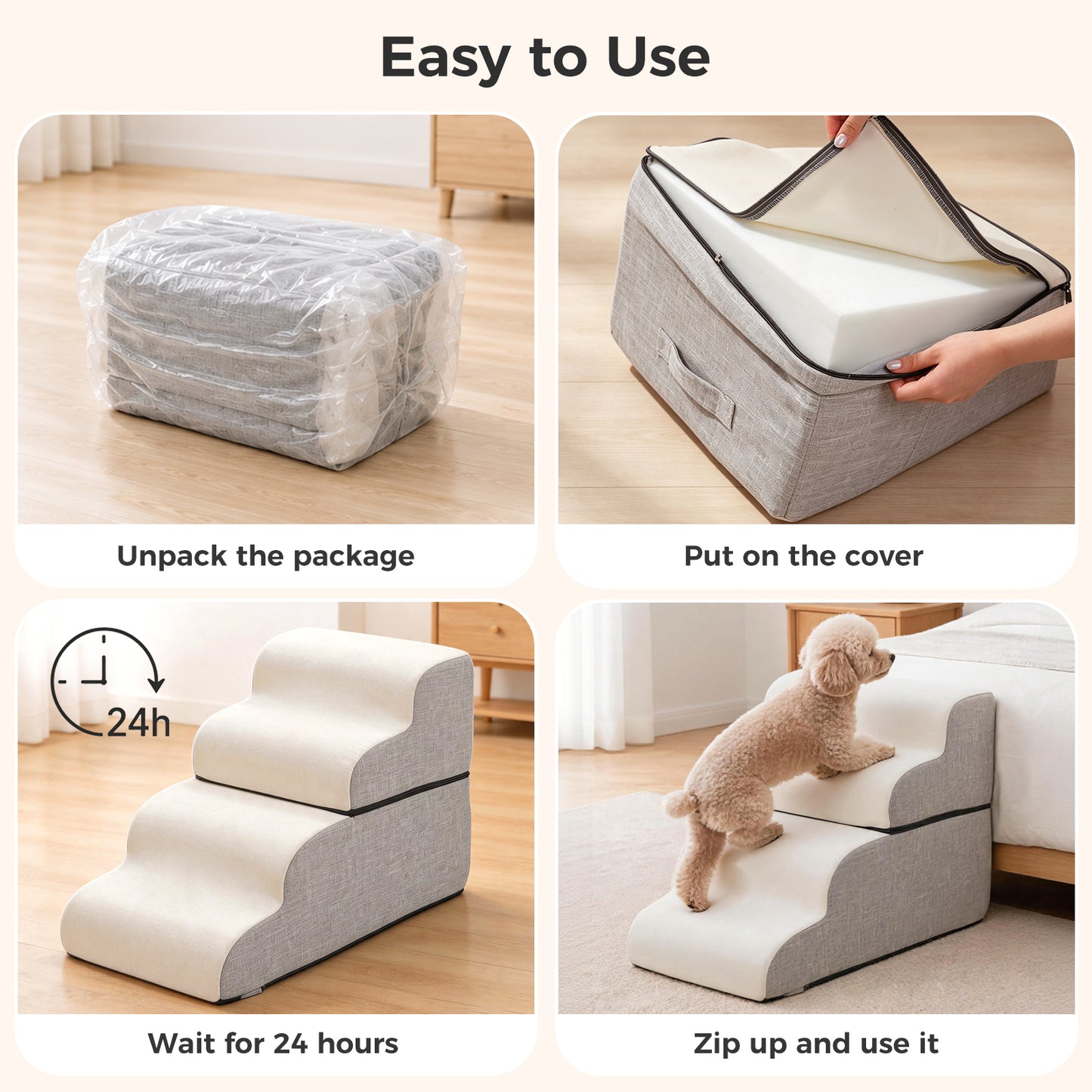 PAWZ Road Dog Stair for Small Dog and Cat, 4-Steps Pet Ramp for Bed & Couch, 50cm Heigh, Anti-Slip Bottom, 30D Foam-Filled, Separable Design, Machine Washable Cover, Pets Friendly, Dark Grey