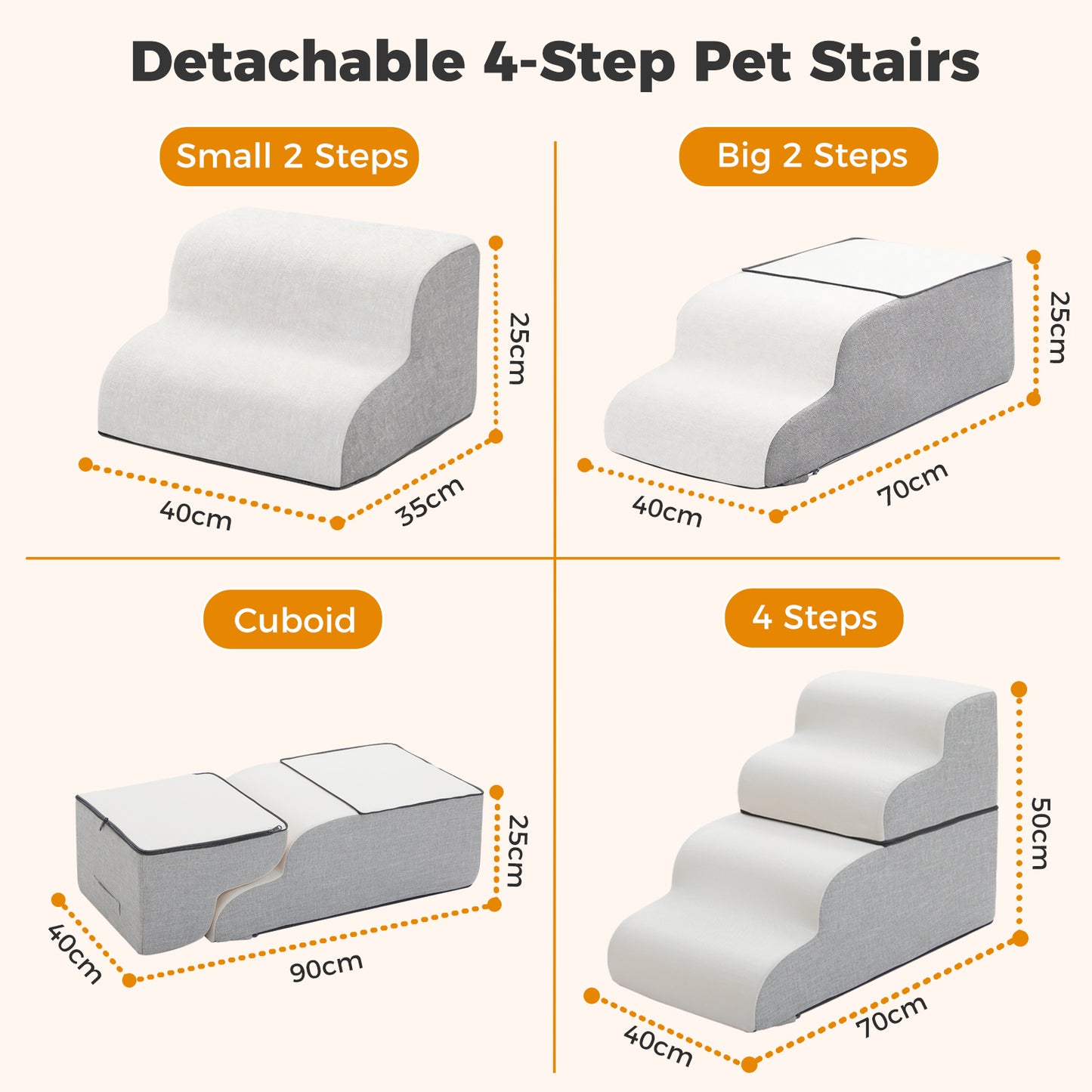PAWZ Road Dog Stair for Small Dog and Cat, 4-Steps Pet Ramp for Bed & Couch, 50cm Heigh, Anti-Slip Bottom, 30D Foam-Filled, Separable Design, Machine Washable Cover, Pets Friendly, Dark Grey