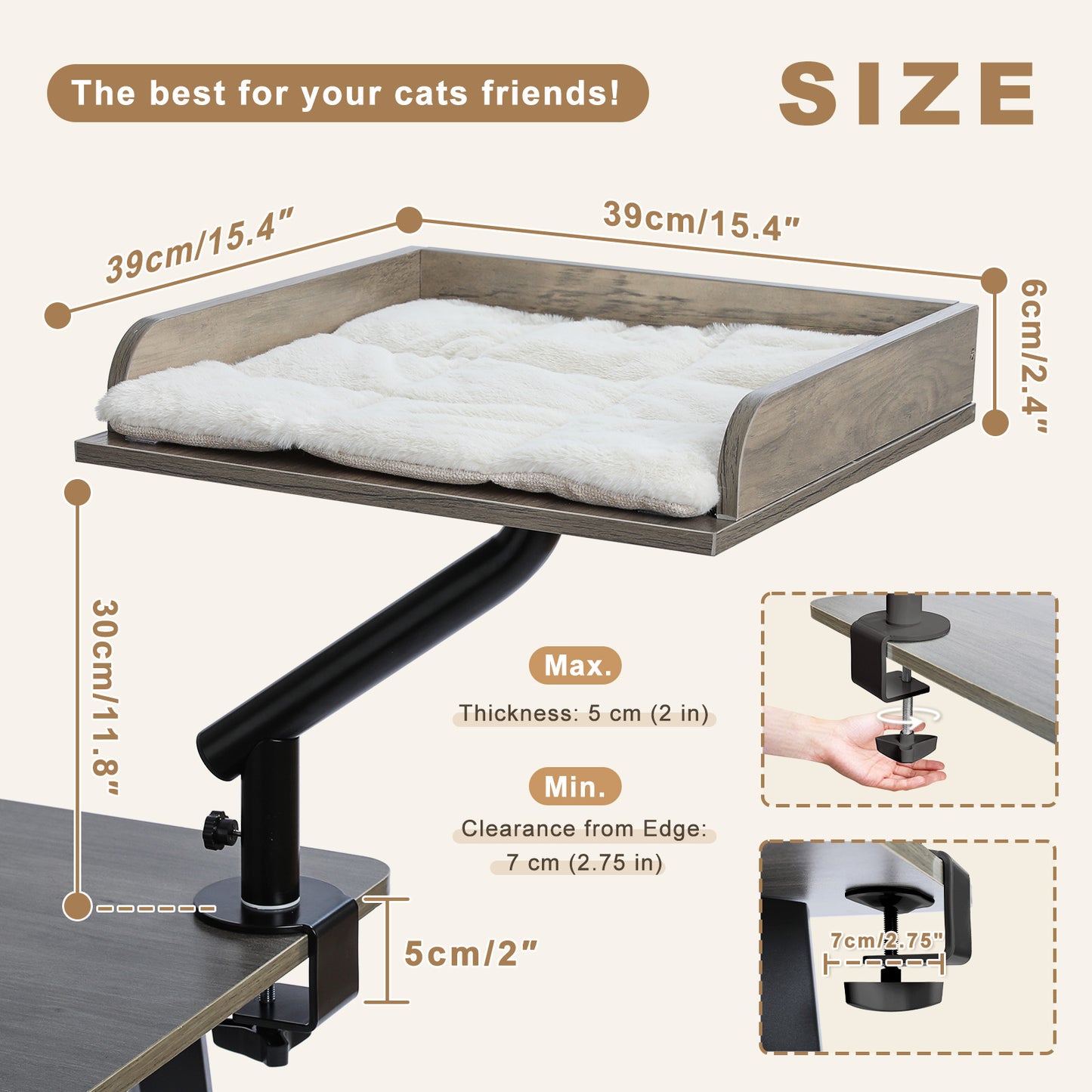 PAWZ Road Cat Desk Bed 360°Rotating Supports to  22 kg Cozy Nest for Desk | Wooden Desk Mount Cat Bed with Sturdy Clamp – Fits Desks & Tables, Padded Soft Nest for Cats, Holds Up to 22 kg