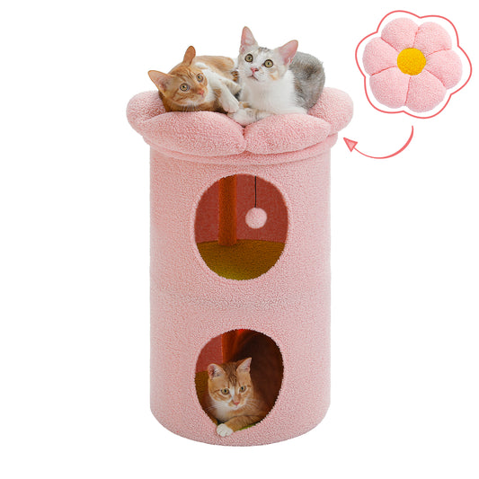 PAWZ Road Cat Tower Condo House with Large Flower Shape Top Perch Bed for Kitten Pink