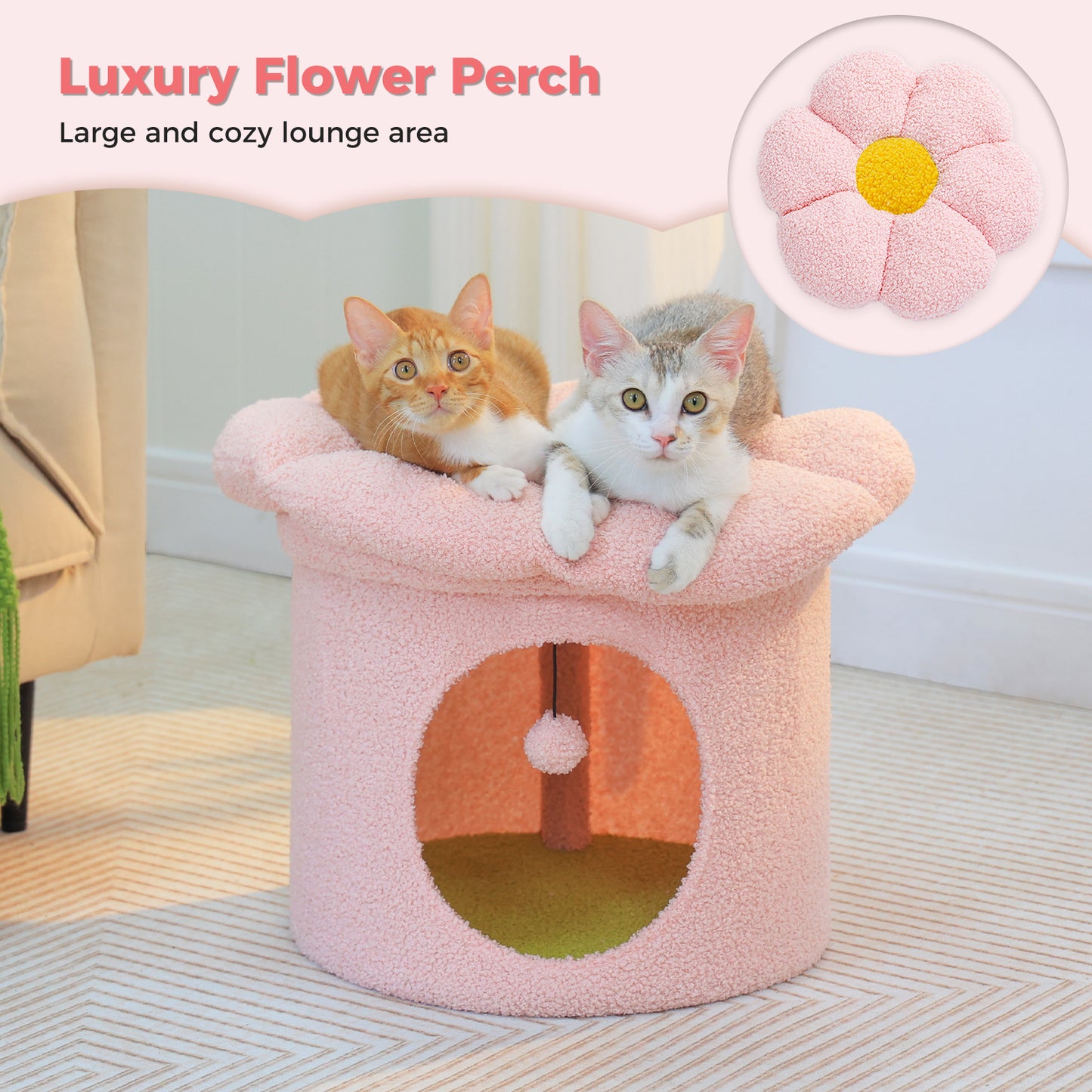 PAWZ Road Cat Tower Condo House with Large Flower Shape Top Perch Bed for Kitten Single Layer Pink