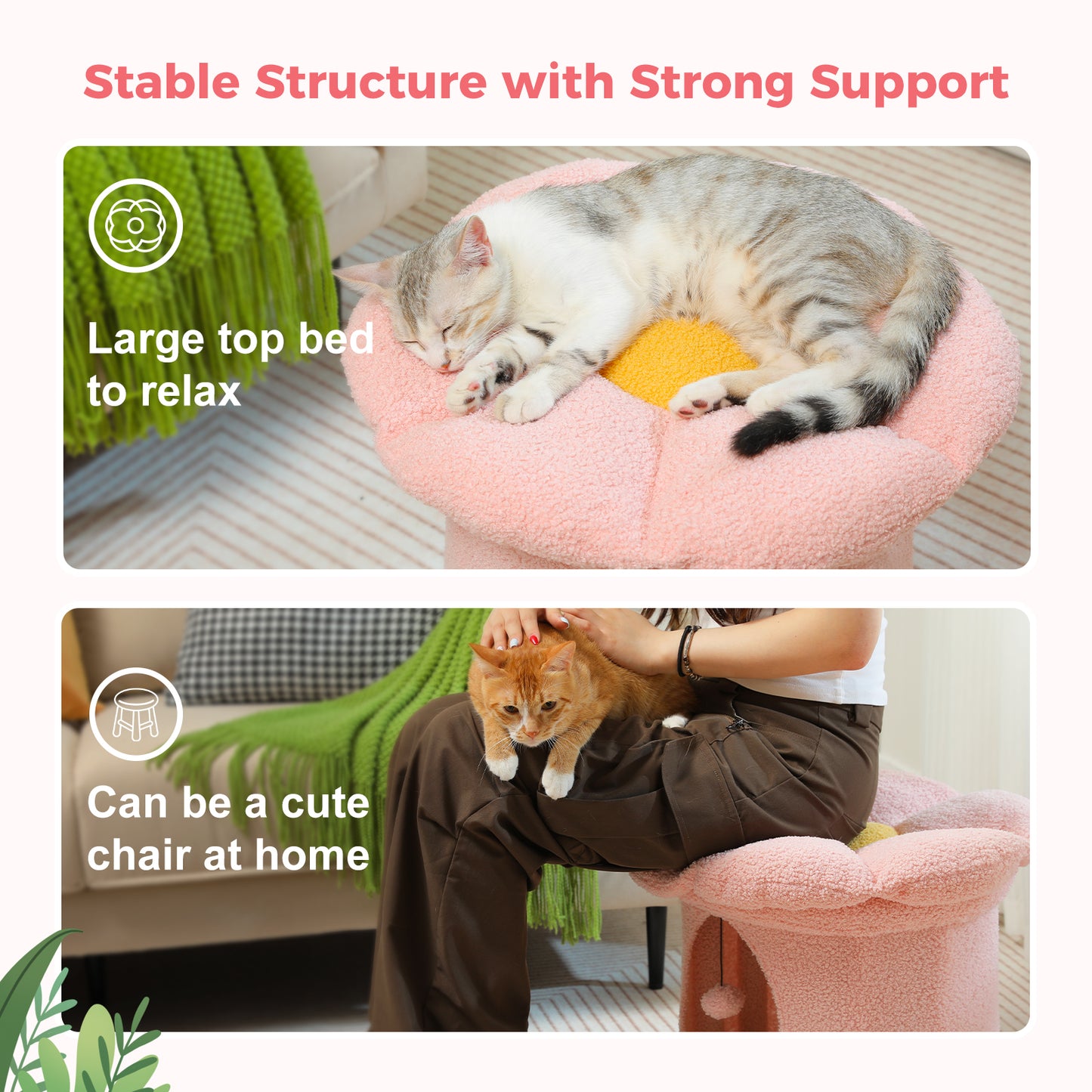 PAWZ Road Cat Tower Condo House with Large Flower Shape Top Perch Bed for Kitten Single Layer Pink