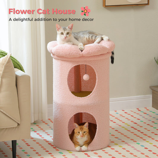 PAWZ Road Cat Tower Condo House with Large Flower Shape Top Perch Bed for Kitten Pink