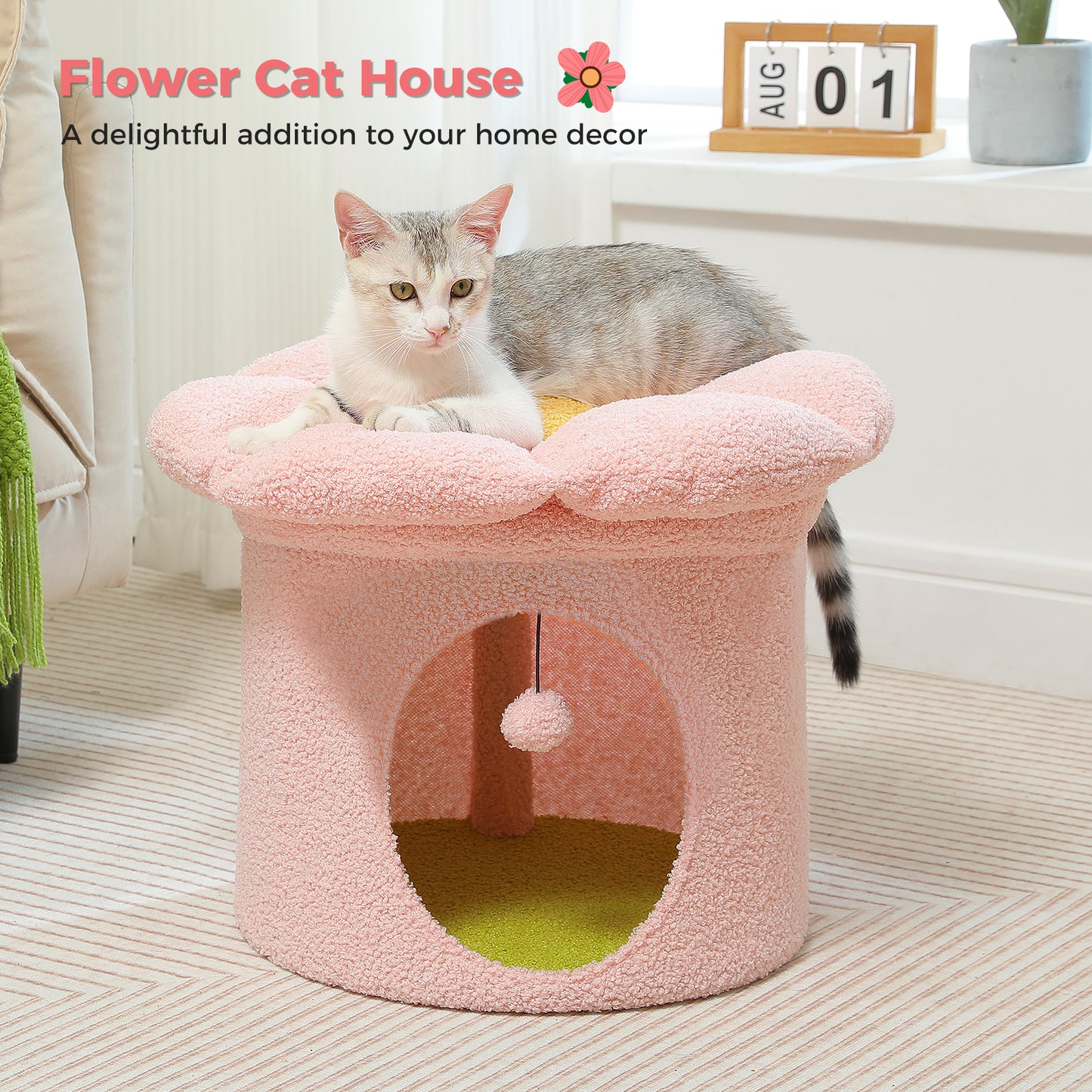 PAWZ Road Cat Tower Condo House with Large Flower Shape Top Perch Bed for Kitten Single Layer Pink