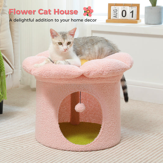 PAWZ Road Cat Tower Condo House with Large Flower Shape Top Perch Bed for Kitten Single Layer Pink