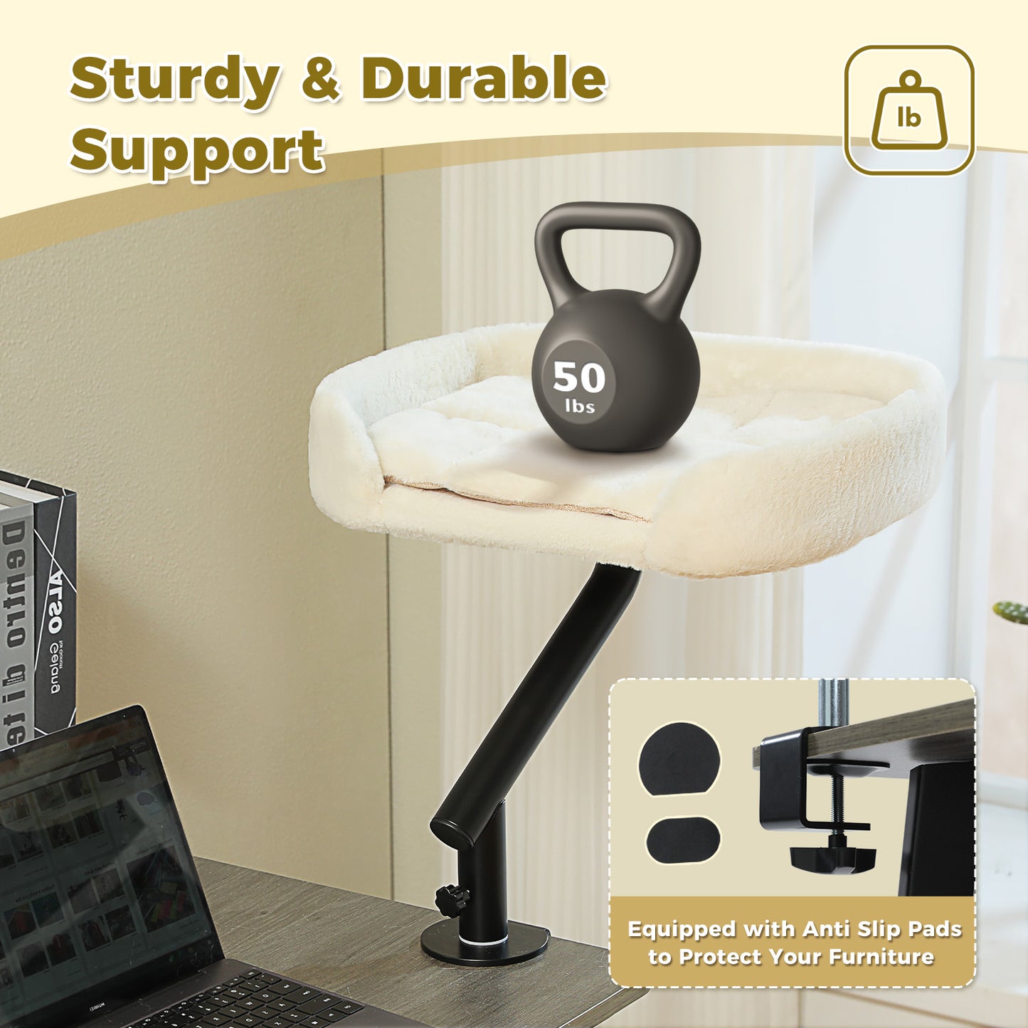 PAWZ Road Cat Desk Bed for Indoor Cats Big Hammock 360° Adjustable Support 20KG Beige