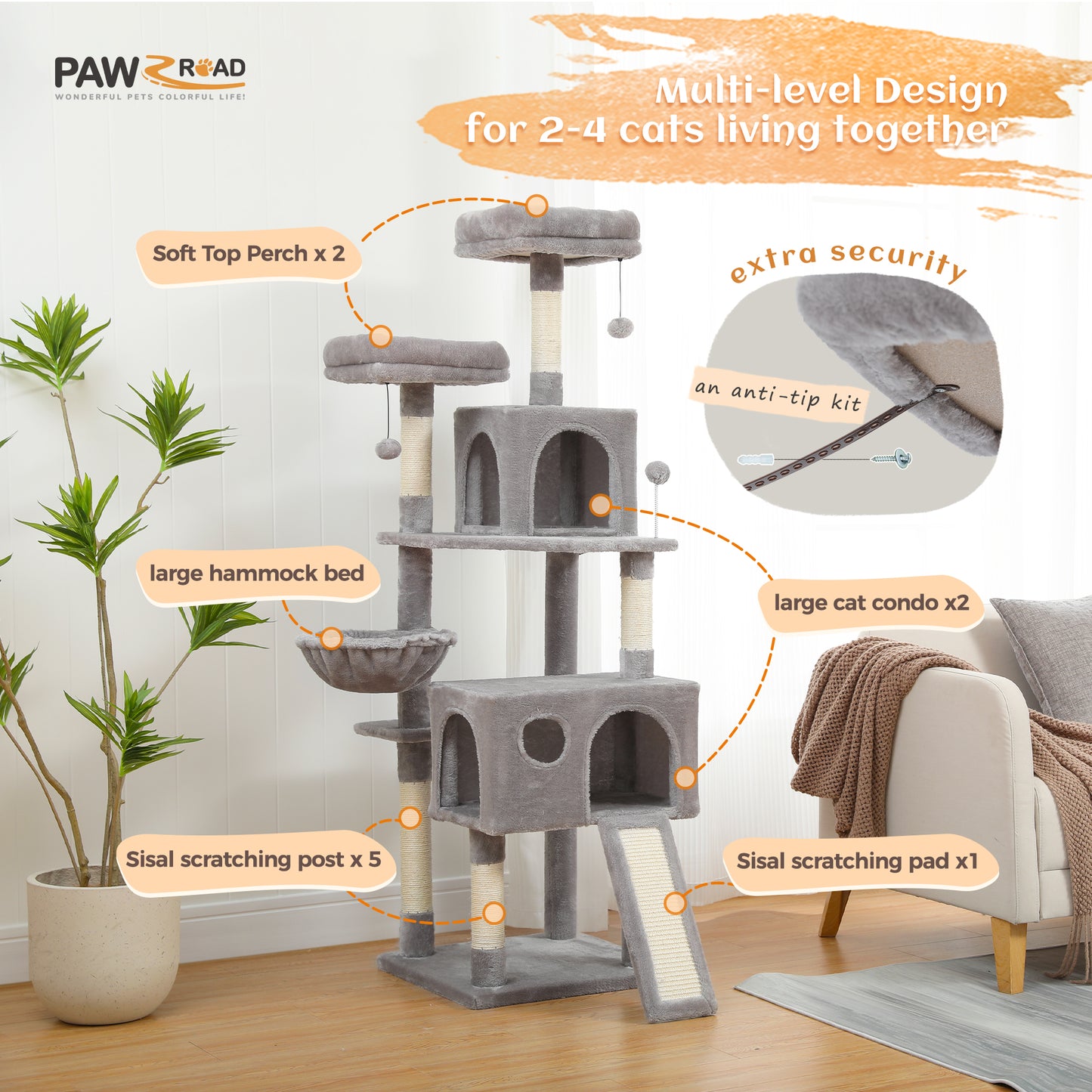 PAWZ Road Cat Tree Scratching Post Tree Large Cat Climb House Furniture with 2 Condo 162cm Grey