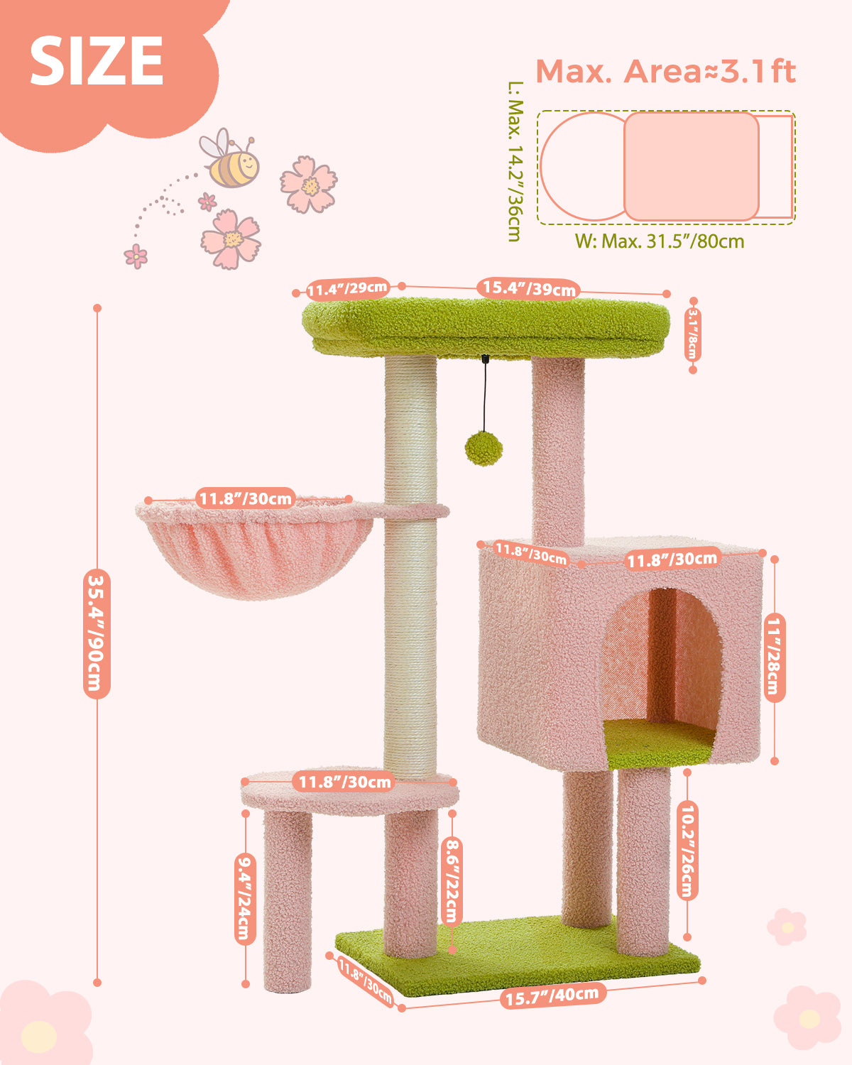 PAWZ Road Cat Tree Tower Condo House Cat Scratching Post Furniture with Hammock Pink