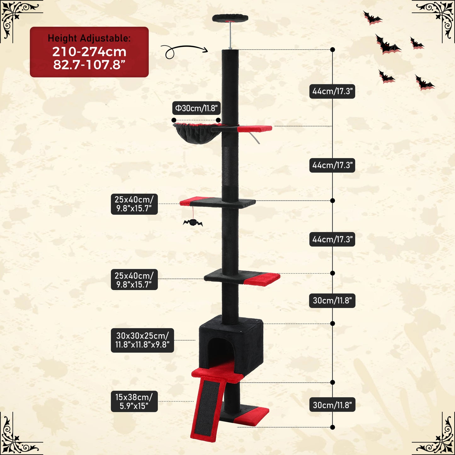 PAWZ Road Cat Tree Tower Scratching Post Ceiling High Cat Scratcher Condo Beds Black