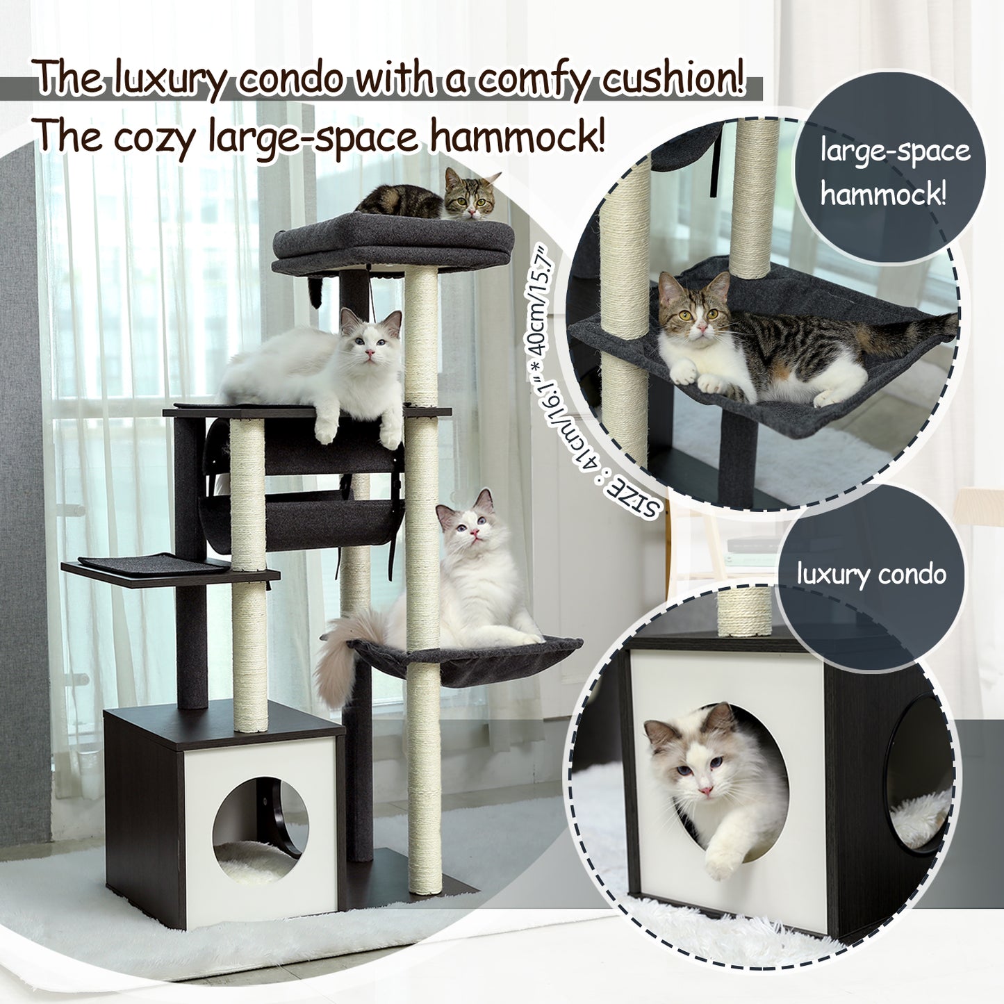 PAWZ Road 130.5cm Cat Tree Scratching Post Tower Condo House Black