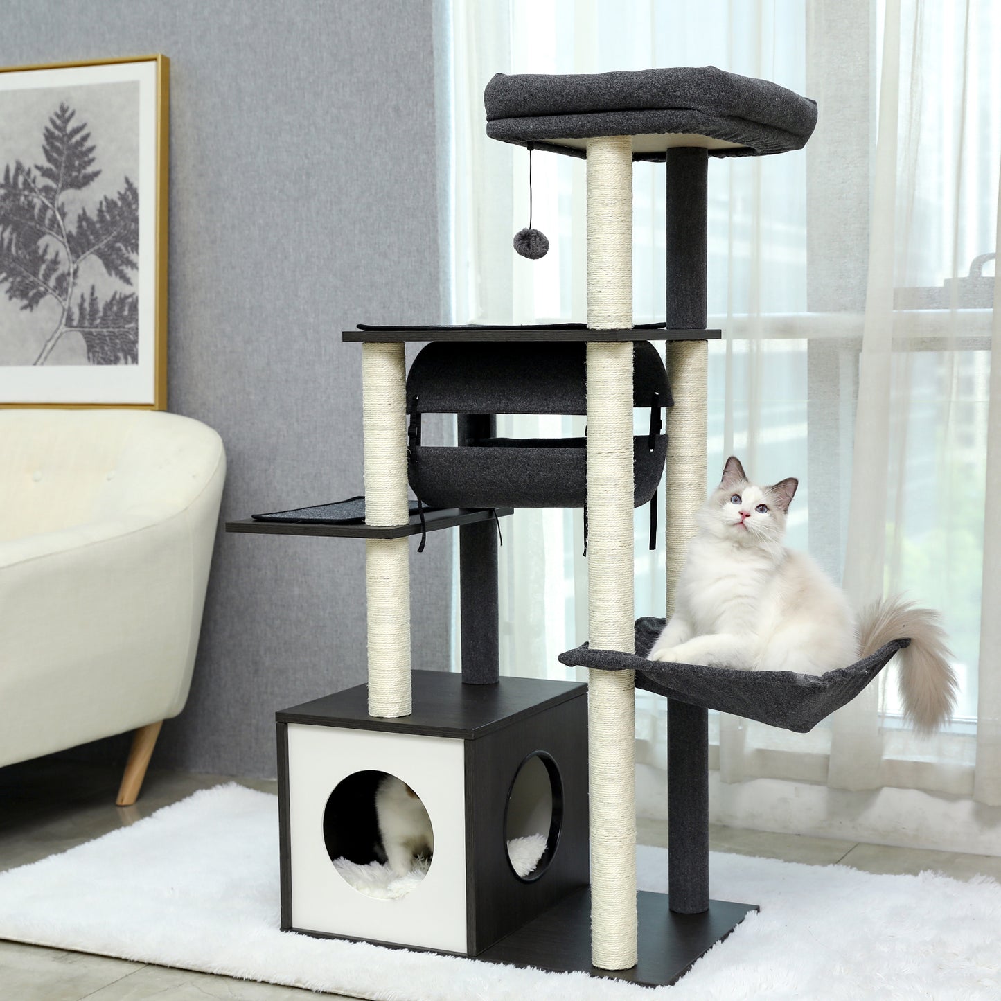 PAWZ Road 130.5cm Cat Tree Scratching Post Tower Condo House Black